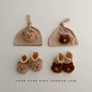 3个月秋初生婴儿胎帽新生儿冬季 男女宝宝袜子帽子 可爱组合小熊0