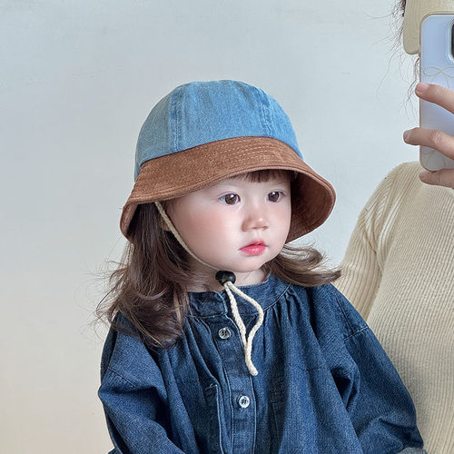 韩版潮流儿童帽子春秋季渔夫帽男女宝宝出游防风水洗牛仔盆帽冬款