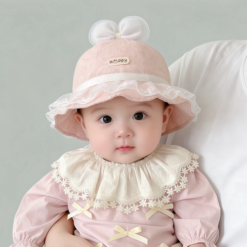 婴儿帽子春秋薄款遮阳防晒渔夫帽女宝宝小月龄公主蝴蝶结盆帽夏季