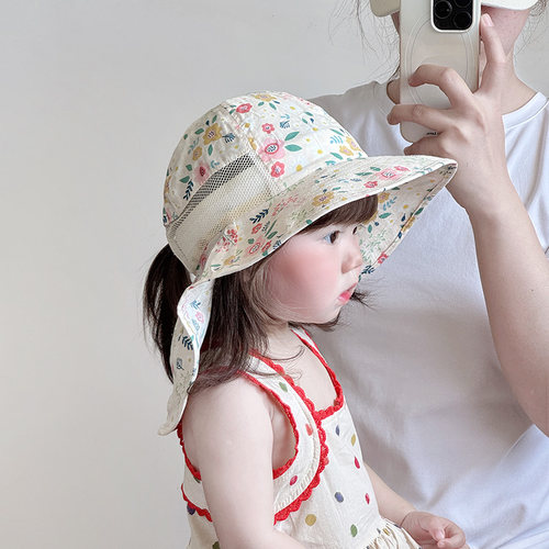 韩系女童帽子夏季薄款透气网眼遮阳防晒大帽檐披肩帽女宝宝渔夫帽