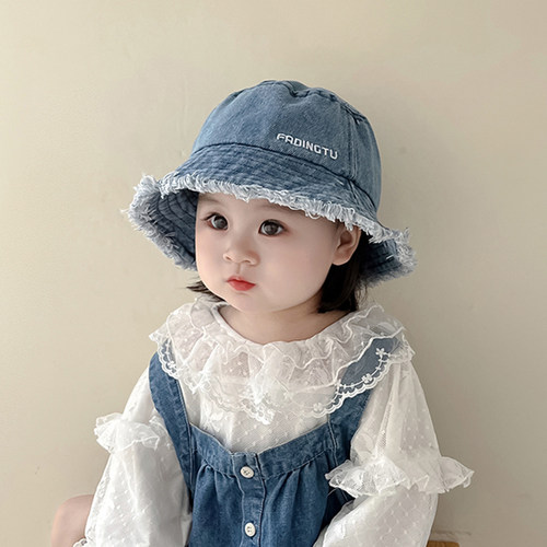 儿童渔夫帽春秋水洗牛仔毛边洋气遮阳防晒帽子男女宝宝秋冬盆帽潮