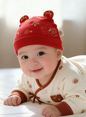 婴幼儿帽子春秋季红色喜庆胎帽男女宝宝小月龄新生护囟门新年帽冬