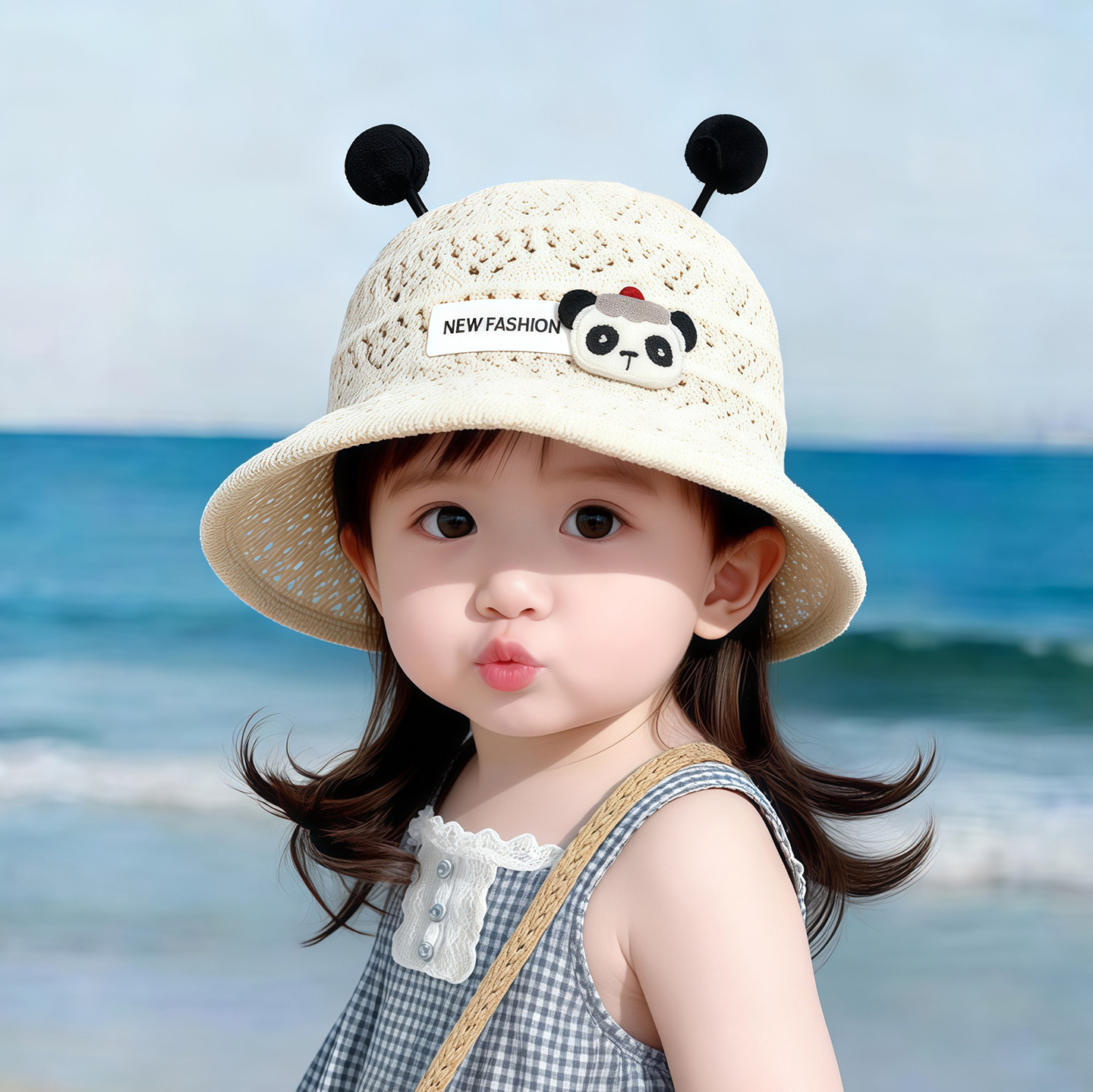宝宝可爱帽子夏季薄款遮阳防晒渔夫帽男女儿童户外大帽檐编织草帽