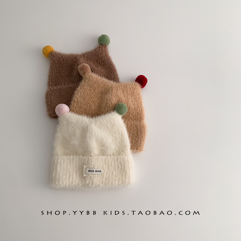 宝宝毛绒帽子秋冬季保暖加厚针织套头帽男女婴儿小月龄护耳毛线帽