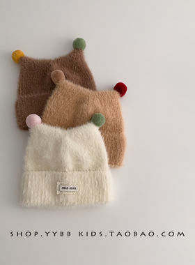 宝宝毛绒帽子秋冬季保暖加厚针织套头帽男女婴儿小月龄护耳毛线帽