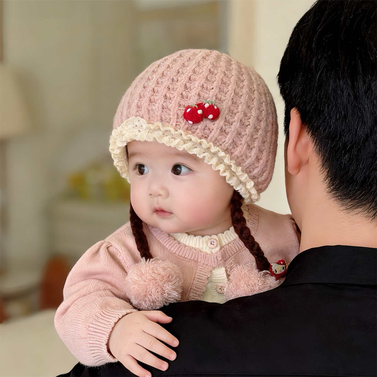 婴儿帽子秋冬季保暖加厚针织假发辫子毛线帽女宝宝小月龄套头帽韩
