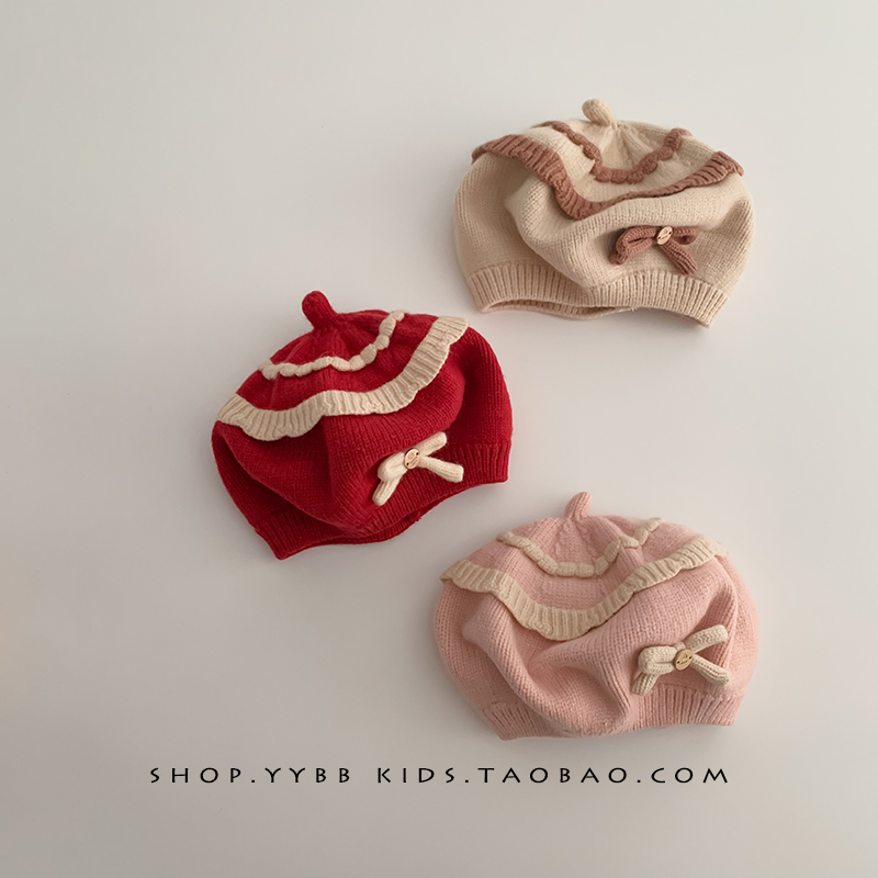 女宝宝帽子秋冬季婴幼儿针织画家帽洋气可爱公主女童毛线贝雷帽潮