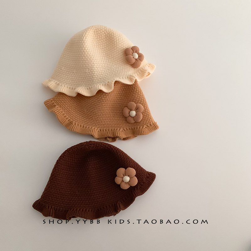韩系花朵儿童帽子秋冬款公主系带针织毛线帽女宝宝保暖防风盆帽潮
