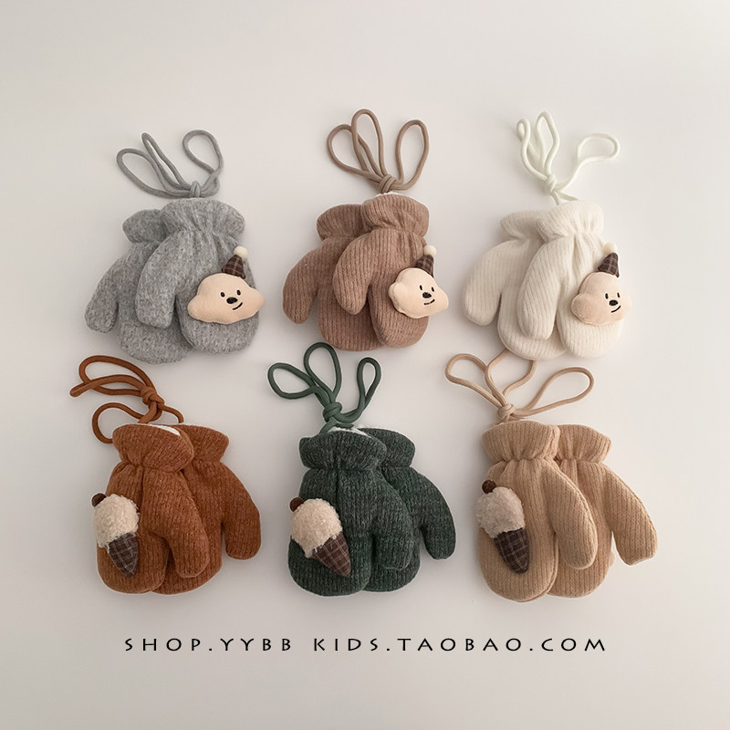 儿童手套冬季毛绒可爱加厚保暖挂脖连指全包手套男女宝宝防寒手套