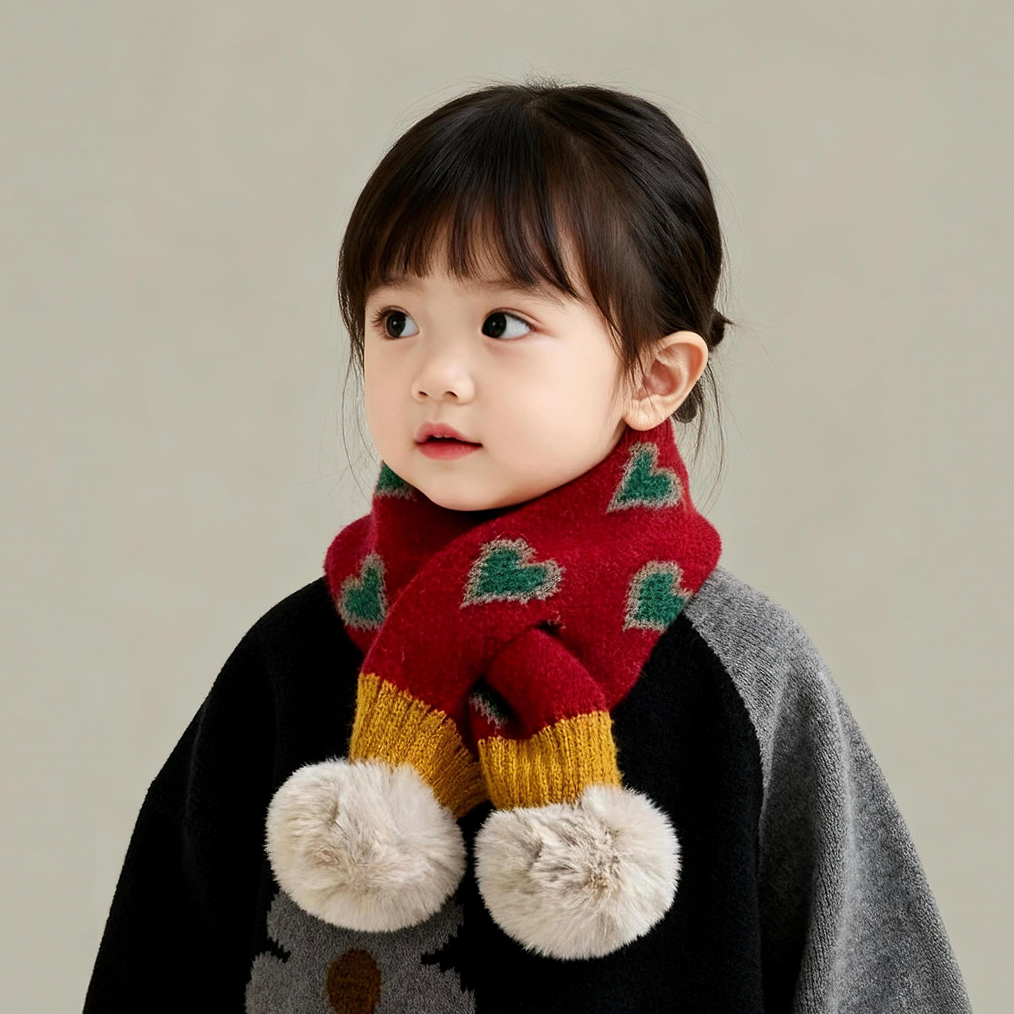 宝宝围巾秋冬季保暖加厚针织毛线围脖男童女童甜美爱心防寒护脖潮