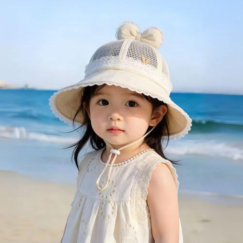 韩版爱心儿童遮阳帽子夏季薄款透气网眼渔夫太阳帽女宝宝防晒盆帽