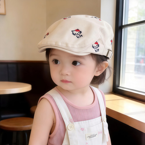 ins韩版女宝宝帽子春秋薄款遮阳前进鸭舌帽女儿童卡通贝雷帽夏季