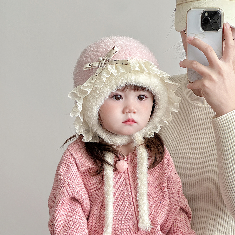 儿童帽子秋冬季保暖加厚针织护耳帽女宝宝甜美蝴蝶结防风毛线帽潮