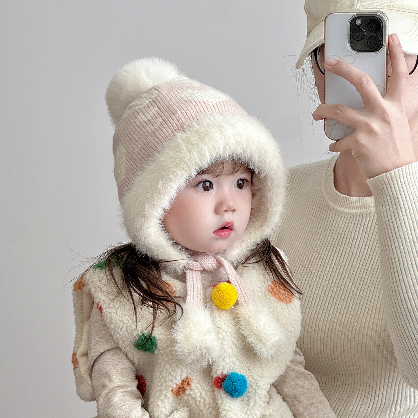 儿童帽子秋冬季保暖加厚针织护耳毛绒帽女宝宝甜美爱心防风毛线帽