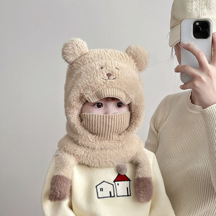 儿童帽子围脖口罩一体毛绒帽秋冬季保暖护耳帽男女宝宝防风套头帽