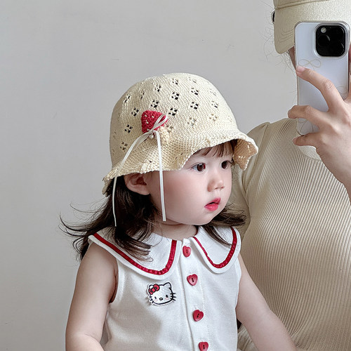 婴儿帽子夏季薄款透气镂空编织草帽女宝宝遮阳防晒小月龄渔夫帽潮