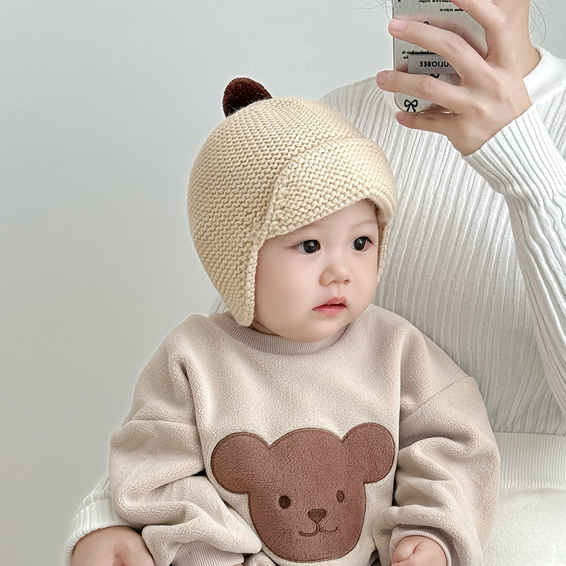 宝宝帽子秋冬季保暖防风护耳针织帽韩版潮酷纯色男女童包头毛线帽