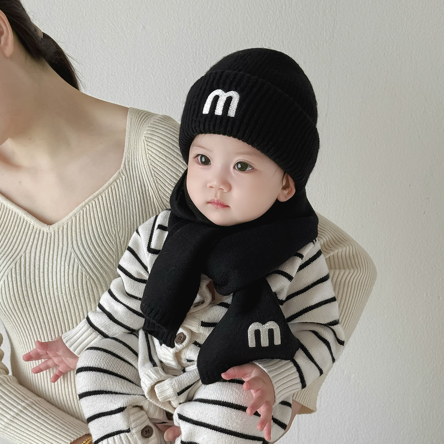 宝宝帽子围巾两件套秋冬季保暖加厚针织毛线帽男女宝宝护耳洋气帽