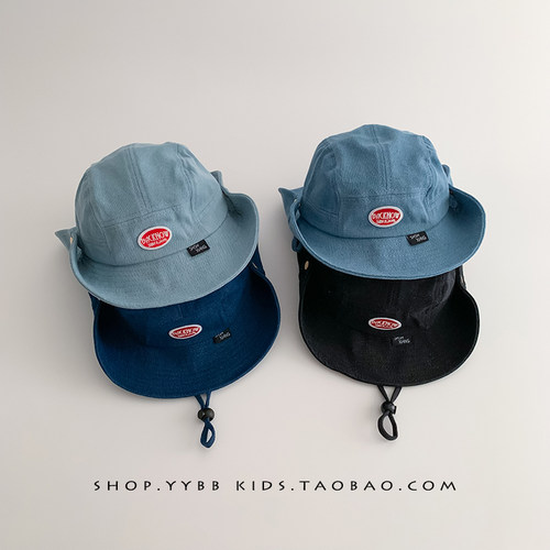 儿童帽子春秋季出游大帽檐遮阳渔夫帽男女宝宝防风复古牛仔露营帽