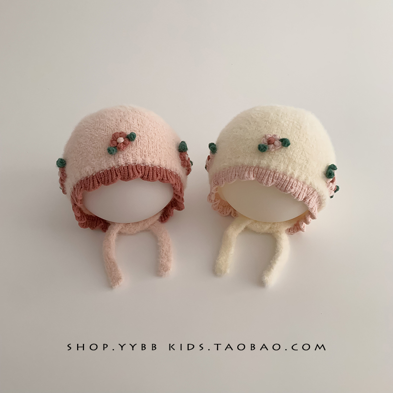 婴儿帽子秋冬季保暖针织毛线帽可爱小花朵小月龄女宝宝护耳套头帽