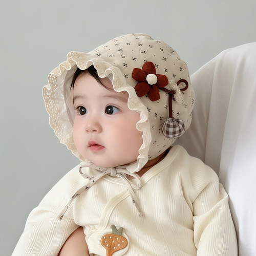婴儿帽子春秋薄款遮阳宫廷帽女宝宝小月龄可爱韩系花朵夏包头胎帽