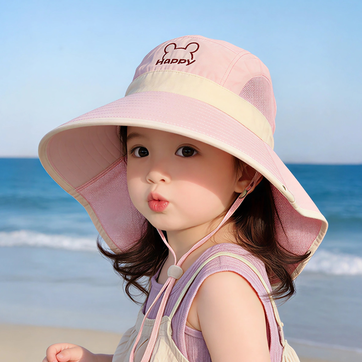 儿童遮阳帽子夏季薄款防晒大帽檐披肩帽透气网眼男女宝宝渔夫帽春