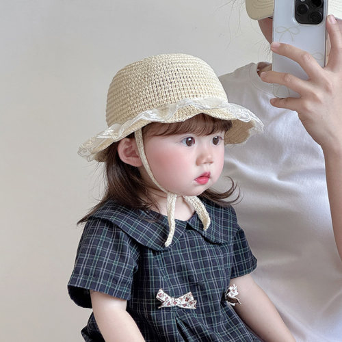 婴儿帽子夏季薄款透气编织草帽女宝宝小月龄出游沙滩洋气渔夫帽潮