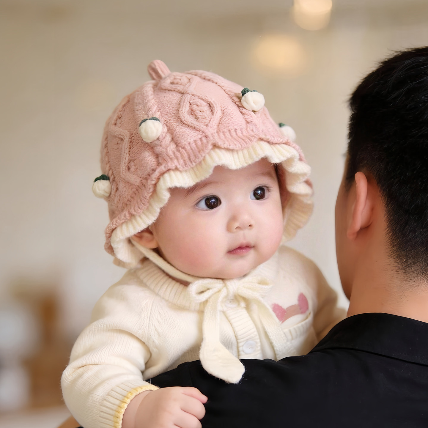 婴幼儿帽子秋冬款保暖加厚护耳针织奶嘴帽女宝宝小月龄防风毛线帽