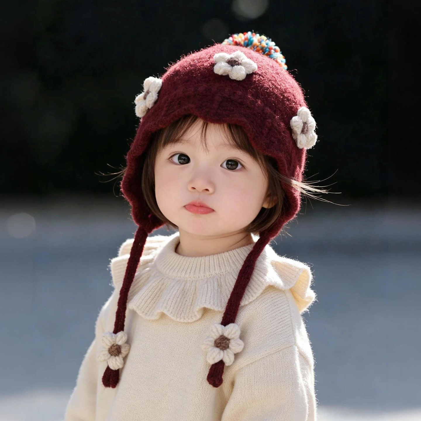 宝宝红色帽子秋冬季保暖加厚针织护耳帽女儿童防风毛线新年系带帽