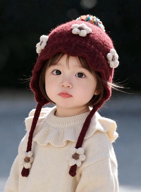宝宝红色帽子秋冬季保暖加厚针织护耳帽女儿童防风毛线新年系带帽