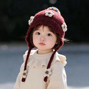 宝宝红色帽子秋冬季保暖加厚针织护耳帽女儿童防风毛线新年系带帽