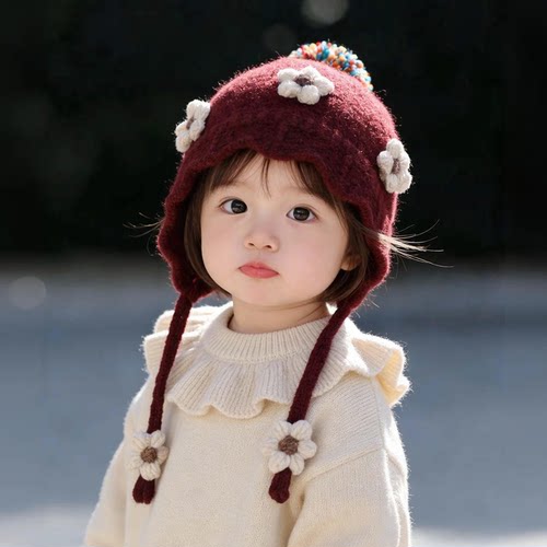 宝宝红色帽子秋冬季保暖加厚针织护耳帽女儿童防风毛线新年系带帽