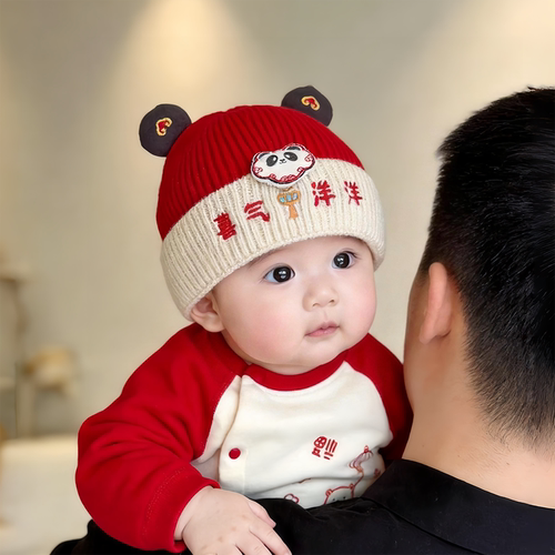 婴儿红色喜庆帽子秋冬季保暖针织套头帽男女宝宝小月龄周岁毛线帽
