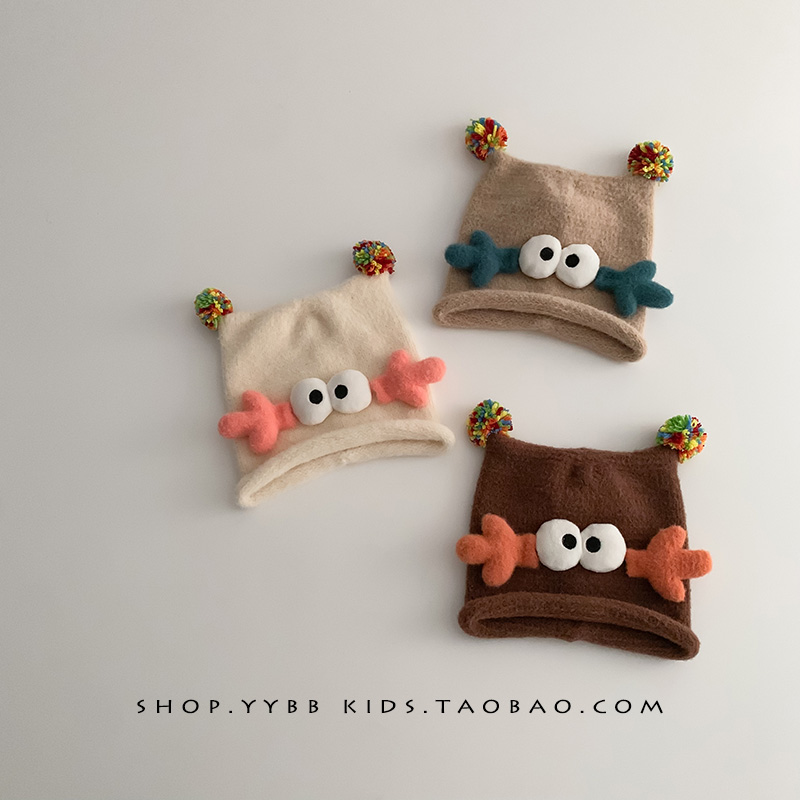 ins卡通儿童帽子秋冬季保暖针织套头帽男女宝宝防风毛线护耳帽潮