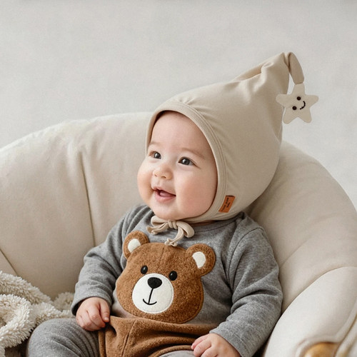 可爱卡通婴儿帽子春秋季护耳帽宝宝纯棉尖尖帽小月龄囟门秋冬胎帽