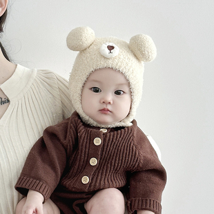 婴儿帽子秋冬季可爱卡通小熊保暖加绒毛线帽男女宝宝套头包头帽潮