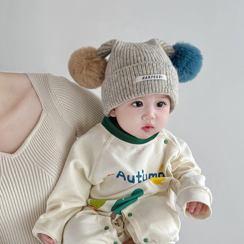 儿童帽子秋冬季保暖加厚针织护耳帽男女宝宝可爱双球套头毛线帽潮