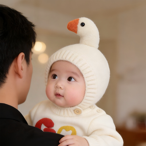 婴儿可爱呆头鹅帽子秋冬季保暖加厚针织护耳包头帽男女宝宝毛线帽