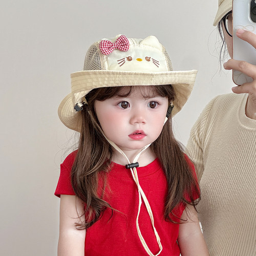 儿童遮阳帽子夏季薄款防晒大帽檐透气网眼渔夫帽女宝宝露营盆帽潮