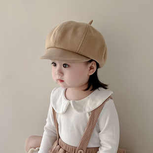 儿童帽子秋冬季保暖防风鸭舌贝雷帽男女宝宝韩系潮流八角画家帽春