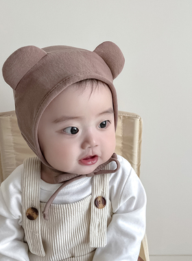 ins小熊新生婴儿春秋薄款胎帽0-3月无骨可爱宝宝包头纯棉套头帽子