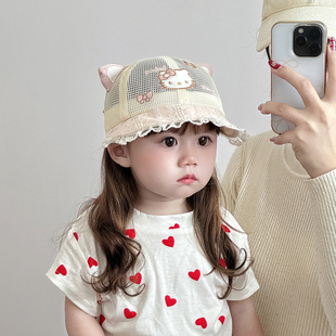 女宝宝遮阳帽子夏季 透气网纱大帽檐鸭舌帽儿童甜美防晒棒球帽 薄款