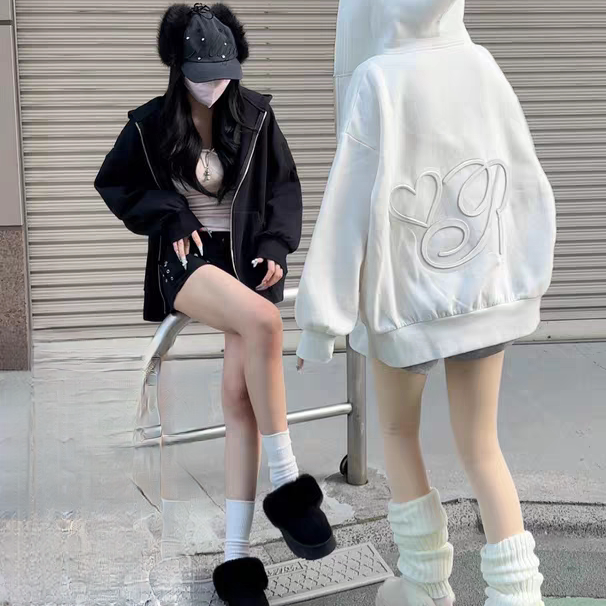 日单GRL新款休闲连帽加绒卫衣女宽松拉链开衫浮雕爱心百搭外套,女装/女士精品,卫衣/绒衫,淘宝优惠券,粉丝福利购,淘宝优惠卷