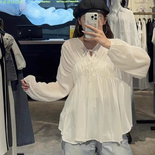 日系M家新款时尚百搭宽松显瘦V领系带褶皱衬衫女