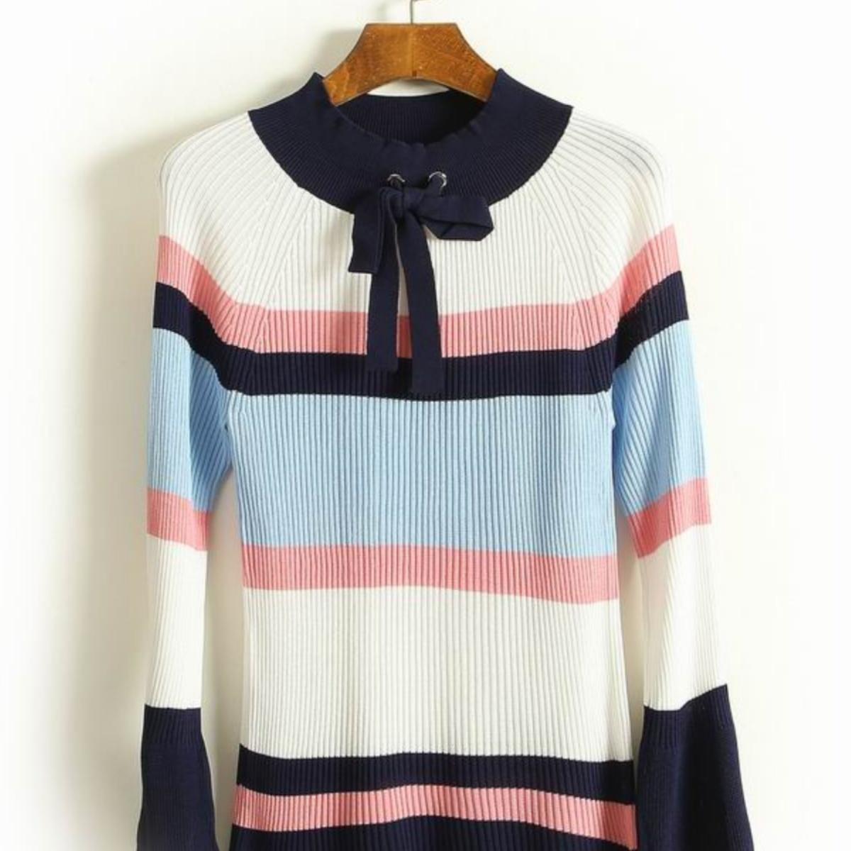 清仓~彩色条纹针织衫修身百搭长袖紧身打底衫上衣女