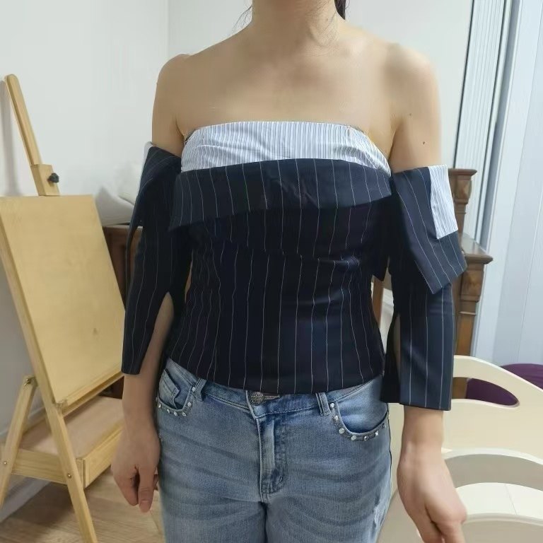 欧美单贵牌 露肩条纹紧身显瘦条纹上衣  福利款