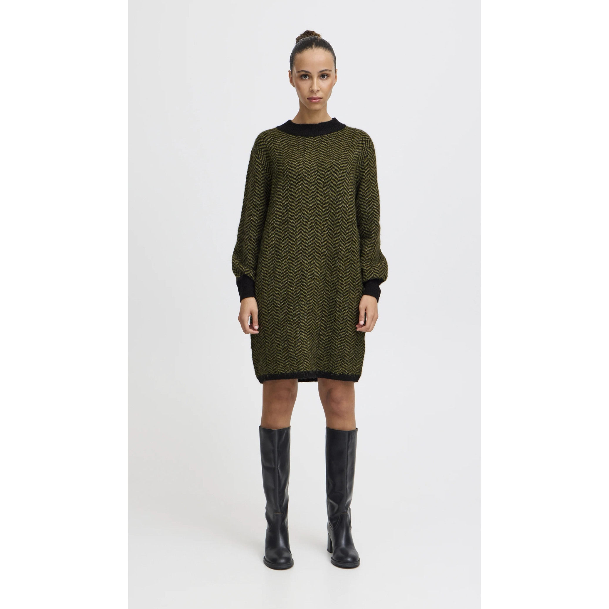 欧单复古人字纹撞色羊驼毛连衣裙