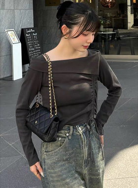 日单GL新款斜肩大翻领侧边抽褶样式长袖上衣女