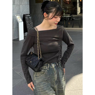 上衣女 长袖 日单GL新款 斜肩大翻领侧边抽褶样式