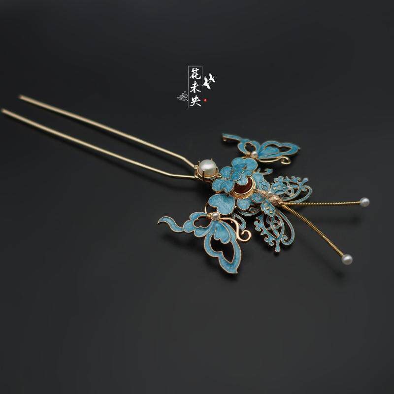 花未央复古中式蝴蝶烧蓝发钗边夹